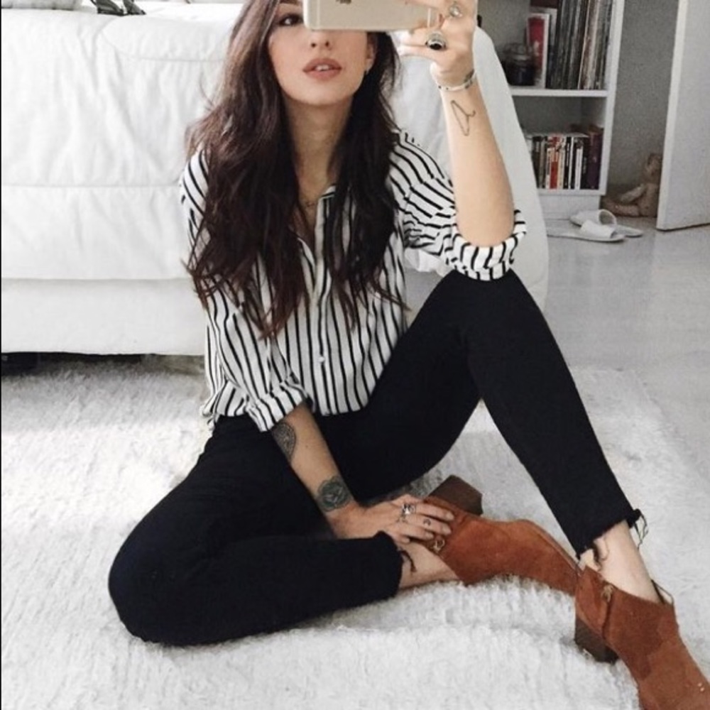 Black White Striped Button Down Shirt